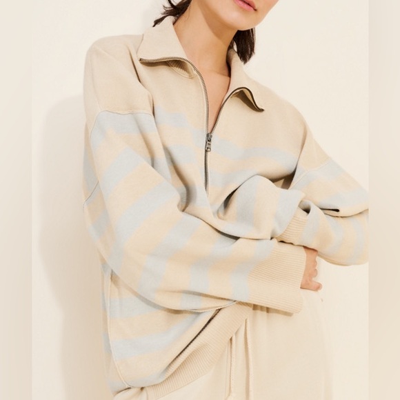 Free People Tops - Free People Coastal Stripe Half-Zip Pullover in Beige and Light Blue